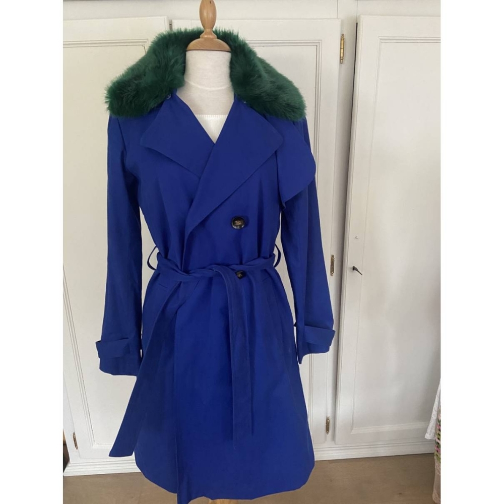 Blue Trench Coat with Green Fur Collar